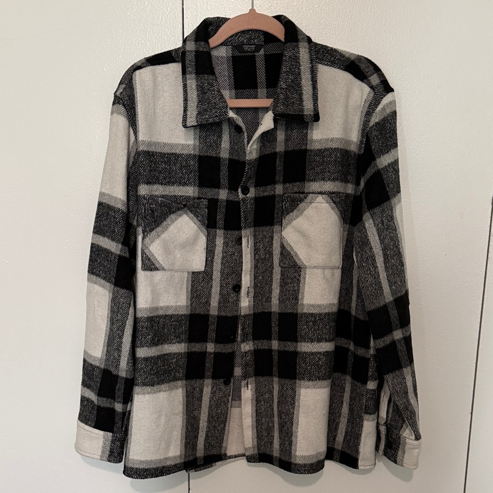 Men's Black and Gray Plaid Shirt Jacket